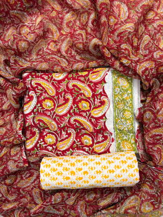 Premium Cotton Block Print Office Wear Suit fabric with Kota Doria Dupatta (44 inch width) and Heavy Bottom