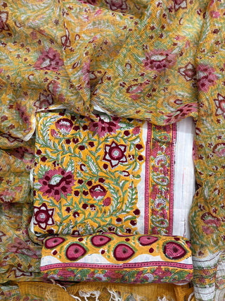 Premium Cotton Block Print Office Wear Suit fabric with Kota Doria Dupatta (44 inch width) and Heavy Bottom