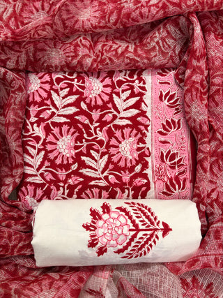 Premium Cotton Block Print Office Wear Suit fabric with Kota Doria Dupatta (44 inch width) and Heavy Bottom