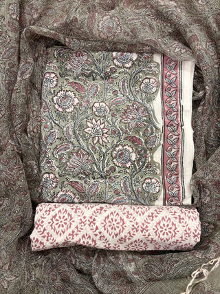 Premium Cotton Block Print Office Wear Suit fabric with Kota Doria Dupatta (44 inch width) and Heavy Bottom