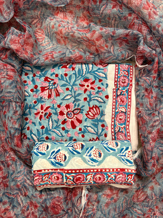Premium Cotton Block Print Office Wear Suit fabric with Kota Doria Dupatta (44 inch width) and Heavy Bottom