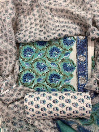 Premium Cotton Block Print Office Wear Suit fabric with Kota Doria Dupatta (44 inch width) and Heavy Bottom