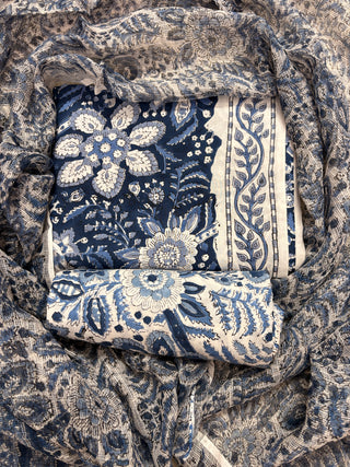 Premium Cotton Block Print Office Wear Suit fabric with Kota Doria Dupatta (44 inch width) and Heavy Bottom