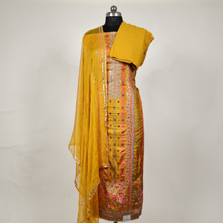 Yellow color Party Wear Designer Suit fabric with chiffon dupatta