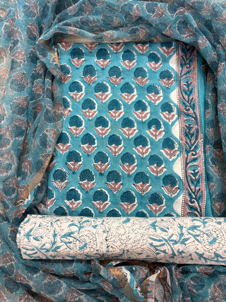 Cotton Handblock Office Wear Suit fabric with Kota Doria Dupatta