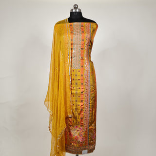 Yellow color Party Wear Designer Suit fabric with chiffon dupatta