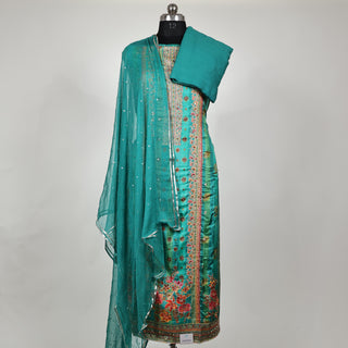 Green color Party Wear Designer Suit fabric with chiffon dupatta