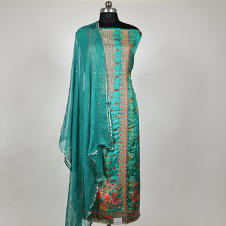 Green color Party Wear Designer Suit fabric with chiffon dupatta