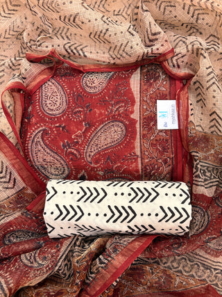 Red Hand block kota doria suit set for office wear