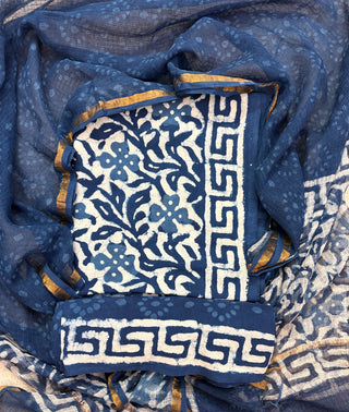 Indigo color Handblock Office Wear Suit fabric with Kota doria Dupatta