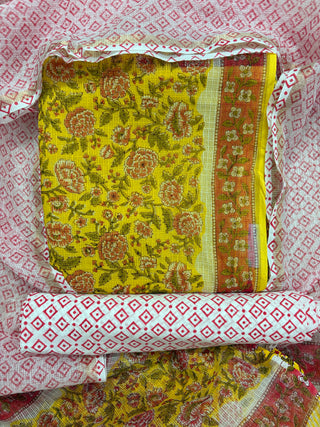 Hand block kota doria suit set for office wear