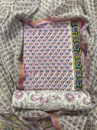 Pink Cotton Handblock Office Wear Suit fabric with Kota Doria Dupatta