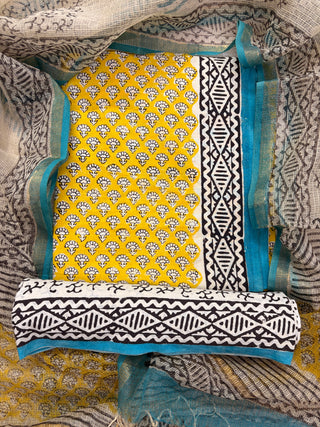 Yellow Cotton Handblock Office Wear Suit fabric with Kota Doria Dupatta