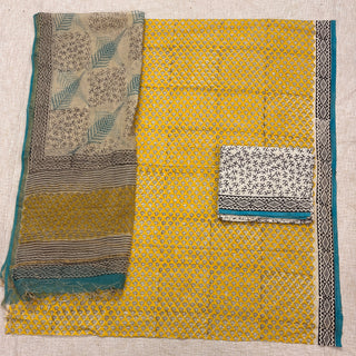 Yellow Cotton Handblock Office Wear Suit fabric with Kota Doria Dupatta