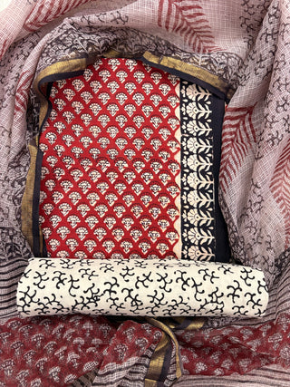 Red Cotton Handblock Office Wear Suit fabric with Kota Doria Dupatta