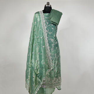 Green Crushed Shimmer Party Wear Designer Suit fabric with dupatta