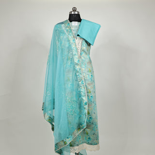 Sea Green Modal Silk Party Wear Designer Suit fabric with organza dupatta