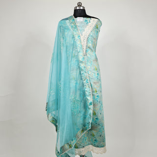 Sea Green Modal Silk Party Wear Designer Suit fabric with organza dupatta