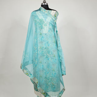 Sea Green Modal Silk Party Wear Designer Suit fabric with organza dupatta