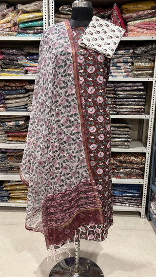 Cotton Handblock Office Wear Suit fabric with Kota Doria Dupatta