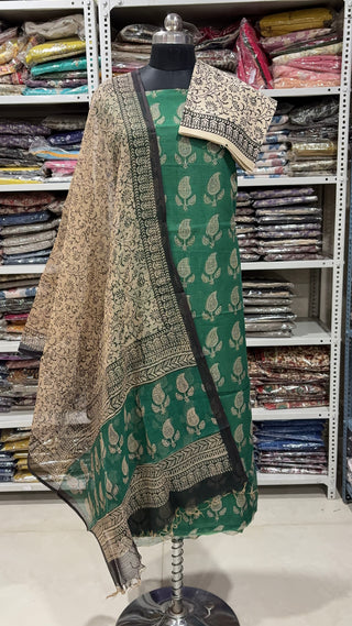Hand block kota doria suit set for office wear with Lining included