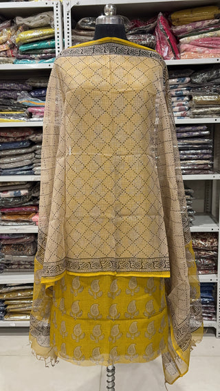 Hand block kota doria suit set for office wear with Lining included