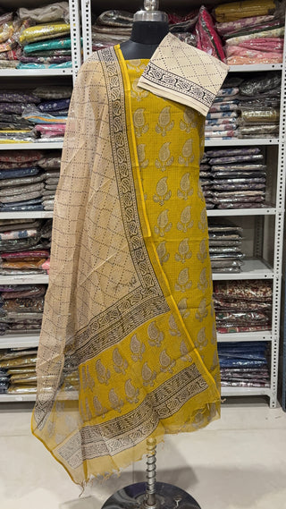Hand block kota doria suit set for office wear with Lining included