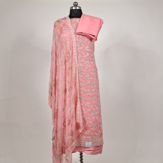 Pink Wrinkled Organza Party Wear Designer Suit fabric with pure chiffon dupatta