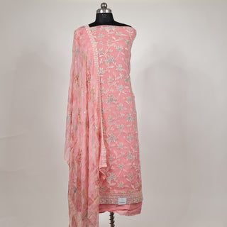 Pink Wrinkled Organza Party Wear Designer Suit fabric with pure chiffon dupatta