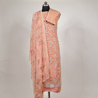 Peach Wrinkled Organza Party Wear Designer Suit fabric with pure chiffon dupatta