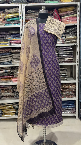 Hand block kota doria suit set for office wear (with Lining included)