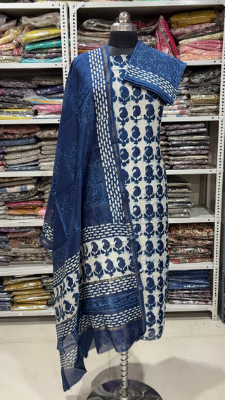 Handblock Chanderi Suit Material with Chanderi Dupatta(Lining Included)