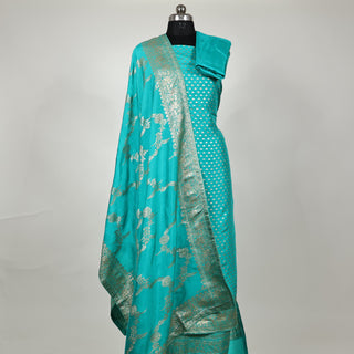 Blue Firozi Color Silk Party Wear Designer Suit fabric with banarasi dupatta