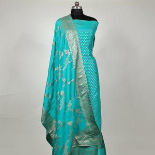 Blue Firozi Color Silk Party Wear Designer Suit fabric with banarasi dupatta