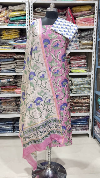 Handblock Chanderi Suit Material with Chanderi Dupatta(Lining Included)