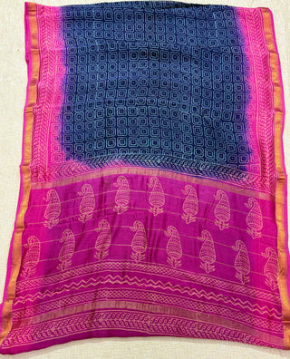 Handblock Maheshwari Silk Saree with Unstitched Blouse Piece