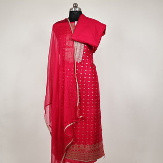 Red Color Dola Silk Party Wear Designer Suit fabric with chiffon dupatta