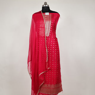 Red Color Dola Silk Party Wear Designer Suit fabric with chiffon dupatta