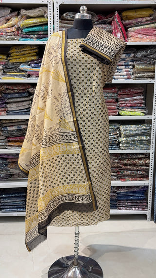 Handblock Chanderi Suit Material with Chanderi Dupatta & Chanderi bottom (Lining Included 5m)