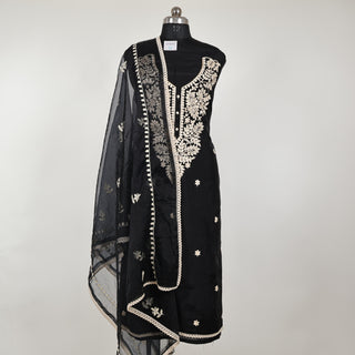 Black color Party Wear Suit with embroidery and organic organza dupatta