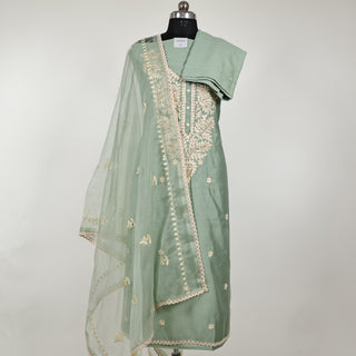 Sea Green color Party Wear Suit with embroidery and organic organza dupatta