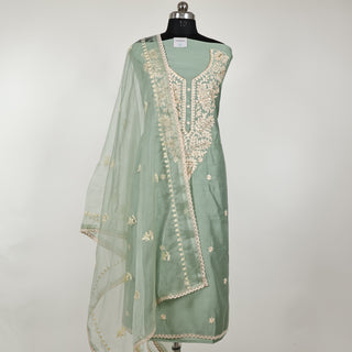 Sea Green color Party Wear Suit with embroidery and organic organza dupatta