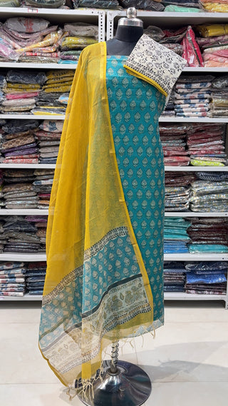 Hand block kota doria suit set for office wear (with Lining included)