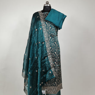 Bottle Green Color Crushed Shimmer Party Wear Designer Suit fabric with dupatta