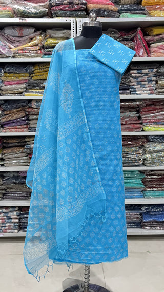 Hand block kota doria suit set for office wear (with Lining included)