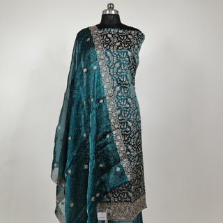 Bottle Green Color Crushed Shimmer Party Wear Designer Suit fabric with dupatta