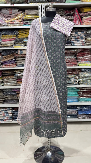 Hand block kota doria suit set for office wear with Lining included