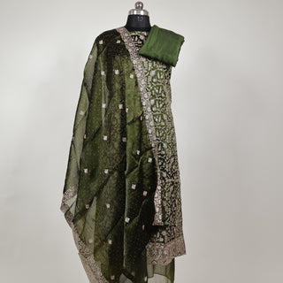 Mehandi Green Color Crushed Shimmer Party Wear Designer Suit fabric with dupatta