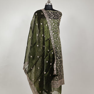 Mehandi Green Color Crushed Shimmer Party Wear Designer Suit fabric with dupatta