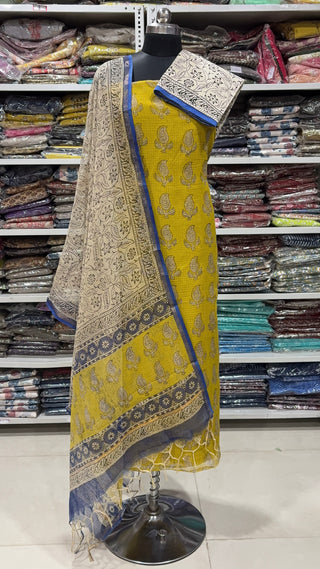 Hand block kota doria suit set for office wear with Lining included
